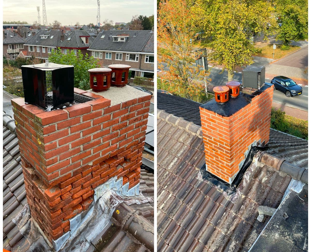 Schoorstenen voor en na, complete renovatie rode bakstenen schoorsteen